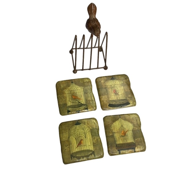 Albeua Stoneware Bird Rectangle Drink Coasters with Iron Works Stand “Holder” - Picture 9 of 14
